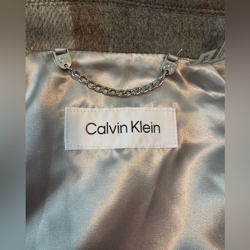 🔆 Calvin Klein Plaid Gray and Cream Trench Coat with Belt - Medium NWOT - Picture 4 of 16
